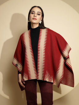 Global Republic - Women Red Printed Knitted Winter Poncho Shrug