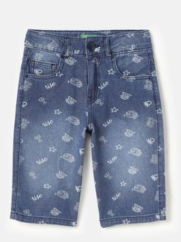 United Colors of Benetton - Blue Printed Regular Fit Denim Shorts