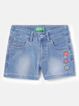 United Colors of Benetton - Blue Embroidered Regular Fit Denim Shorts