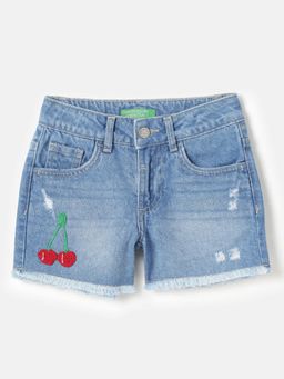 United Colors of Benetton - Blue Embroidered Regular Fit Denim Shorts