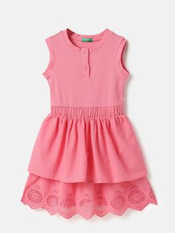 United Colors of Benetton - Pink Regular Fit Round Neck Schiffli Embroidery Dress