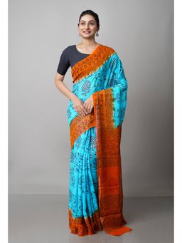 Unnati Silks - Blue Brown Rapid Hand Block Printed Silk Saree with Unstitched Blouse