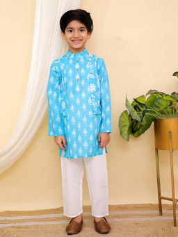 AJ Dezines - Sky Blue Full Sleeves Floral Print Cotton Kurta & Pyjama (Set of 2)
