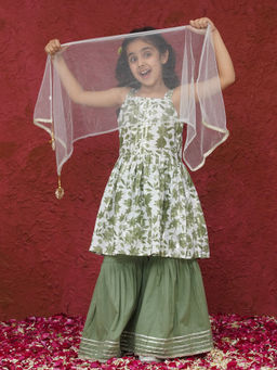 AJ Dezines - Green Sleeveless Floral Print Kurta & Sharara with Dupatta (Set of 3)