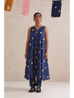 Cyan - Blue Hearts Block Print Kurta