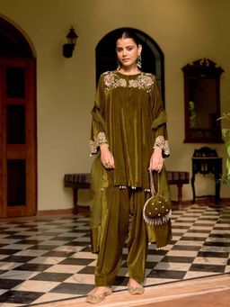 "Two Sisters" by Gyans - Olive Pearl and Sequin Embroidered Velvet Kurta with Salwar and Dupatta
