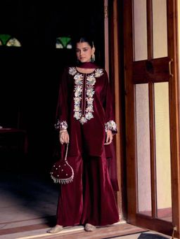 "Two Sisters" by Gyans - Burgundy Floral Kurta, Palazzo with Dupatta and Potli