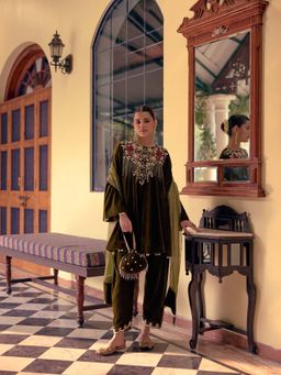 "Two Sisters" by Gyans - Olive Emerald Floral Kurta, Palazzo with Dupatta and Potli