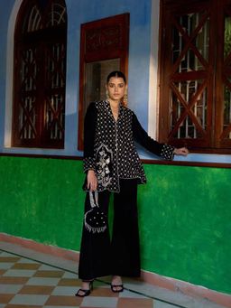 "Two Sisters" by Gyans - Navy Blue Embroidered Velvet Coat Jacket with Palazzo and Potli