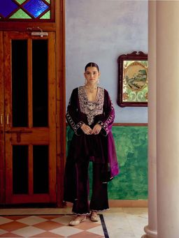 "Two Sisters" by Gyans - Purple Embroidered Velvet Kurta Pant with Dupatta and Potli