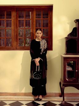 "Two Sisters" by Gyans - Obsidian Embroidered Velvet Kurta with Palazzo and Potli