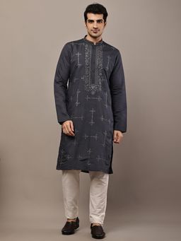MULTI SHADES - Grey Regular Embroidered Kurta