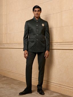 TASVA - Dark Green Jacquard Bandhgala Set