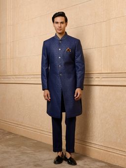TASVA - Navy Blue Embroidered Indo-Western Jacket with Aligarhi Pant