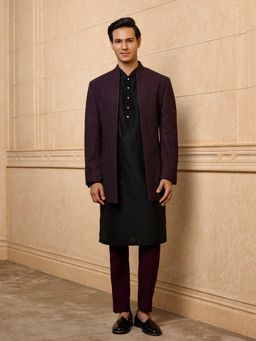 TASVA - Wine Embroidered Indo-Western Sherwani with Kurta and Churidar