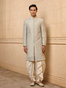 TASVA - Grey Embroidered Indo-Western Sherwani with Dhoti