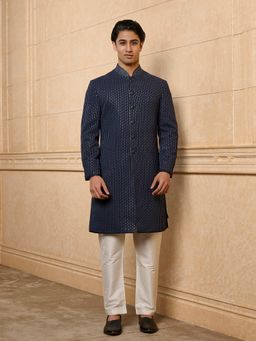 TASVA - Navy Blue Embroidered Indo-Western Sherwani with Kurta and Trouser