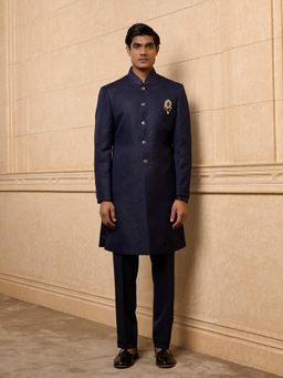 TASVA - Navy Blue Embroidered Indo-Western Sherwani with Trouser