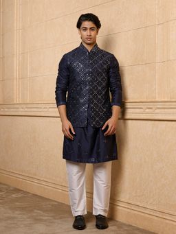 TASVA - Navy Blue Embroidered Kurta with Pant and Jacket