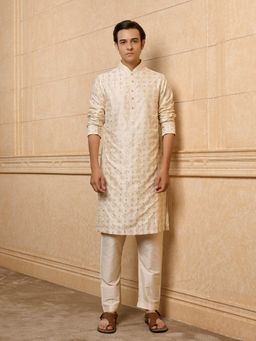 TASVA - Beige Mirror Work Kurta with Pant