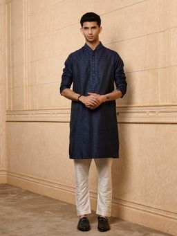 TASVA - Navy Blue Jacquard Kurta with Pant