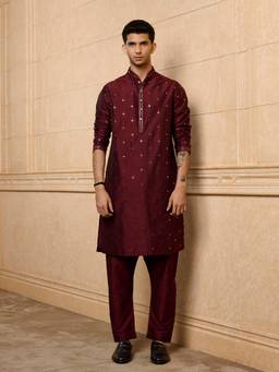 TASVA - Wine Embroidered Kurta with Pant