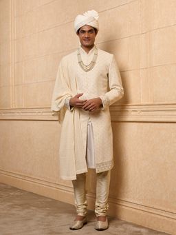 TASVA - Beige Embroidered Sherwani with Kurta and Churidar