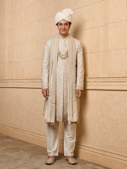 TASVA - Off White Coloured Embroidered Sherwani Kurta and Churidar with Stole