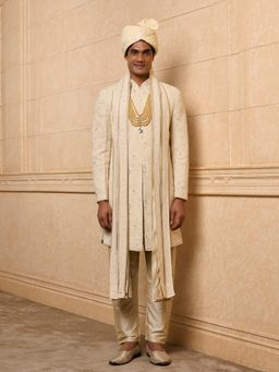 TASVA - Gold Embroidered Sherwani Kurta and Aligarhi Pant with Stole