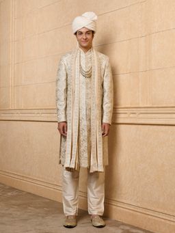 TASVA - White Embroidered Sherwani Kurta and Churidar with Stole