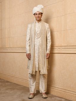 TASVA - White Embroidered Sherwani Kurta and Churidar with Stole