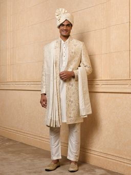 TASVA - Gold Embroidered Sherwani with Kurta and Aligarhi Pant