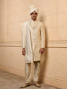 TASVA - Gold Embroidered Sherwani with Kurta and Aligarhi Pant