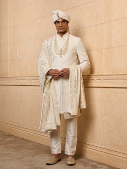 TASVA - White Embroidered Sherwani with Kurta and Churidar