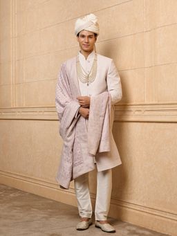 TASVA - Off White Embroidered Sherwani with Kurta and Aligarhi Pant