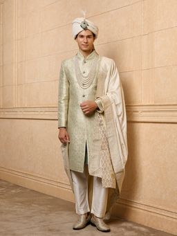 TASVA - Light Green Woven Brocade Sherwani with Kurta and Aligarhi Pant