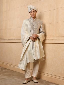 TASVA - Light Grey Embroidered Sherwani with Kurta and Aligarhi Pant