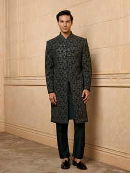 TASVA - Dark Green Embroidered Sherwani with Kurta and Aligarhi Pant