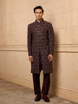 TASVA - Wine Embroidered Sherwani with Kurta and Aligarhi Pant