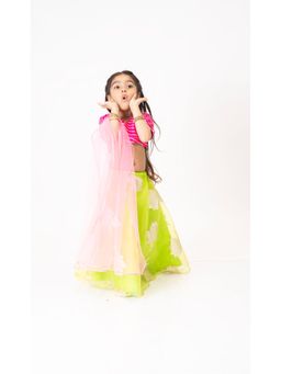 Tiny Pants - Parrot Green Organza Lehnga With Pink Gota Detail Choli (Set of 3)