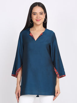 SHAYE - Teal V-Neck Solid Three-Quarter Sleeves Casual Kurti For Women