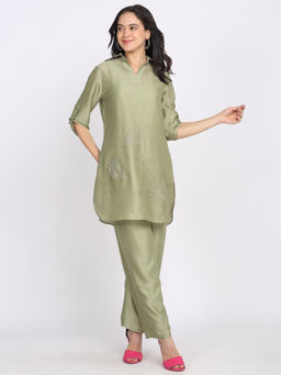 SHAYE - Collar Neck Olive Green Embroidered Three-Quarter Sleeves Ethnic Kurti