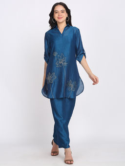 SHAYE - Collar Neck Teal Blue Embroidered Three-Quarter Sleeves Ethnic Kurti