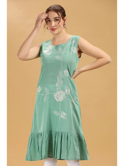 Cotton Culture - Mint Green Floral Embroidered Slub Cotton Sleeveless Kurta