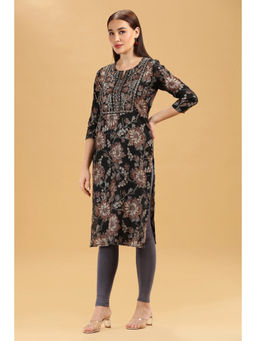 Cotton Culture - Black And Beige Embroidered Slub Cotton Straight Kurta