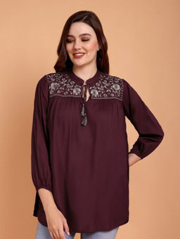 Atha Fashion - Floral Garnet Embroidered Kurti - Maroon