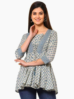 Atha Fashion - Aqua Serenade Floral Printed Short Kurti