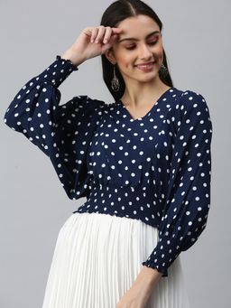 SHOWOFF - Women V-Neck Balloon Sleeve Polka Dots Navy Blue Top