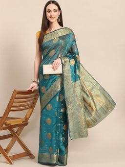 Odette - Teal Woven Organza Saree with Unstitched Blouse
