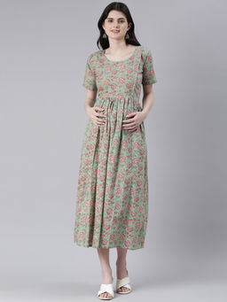 Swishchick - Green Fit and Flare Maternity Dress with Concealed Feeding Zip